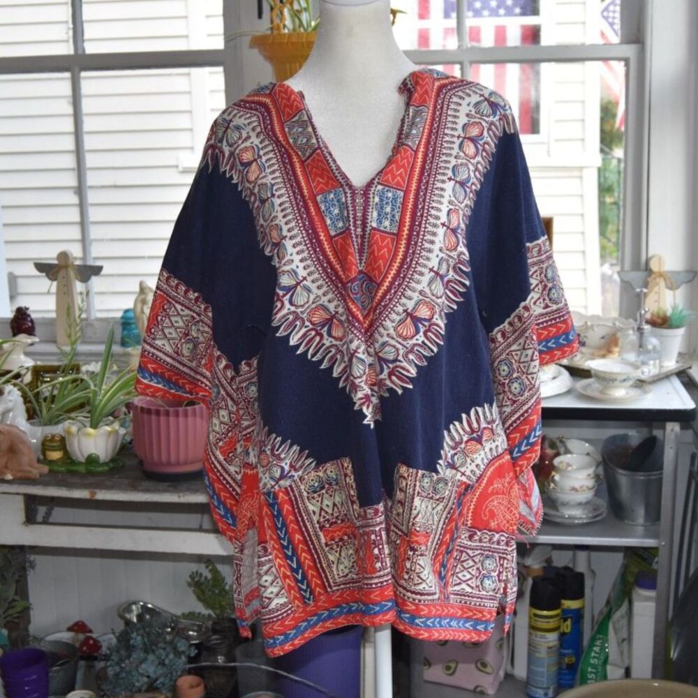 Vintage 70s Cotton Dashiki Tunic Top Boho Hippie Indian Print XL